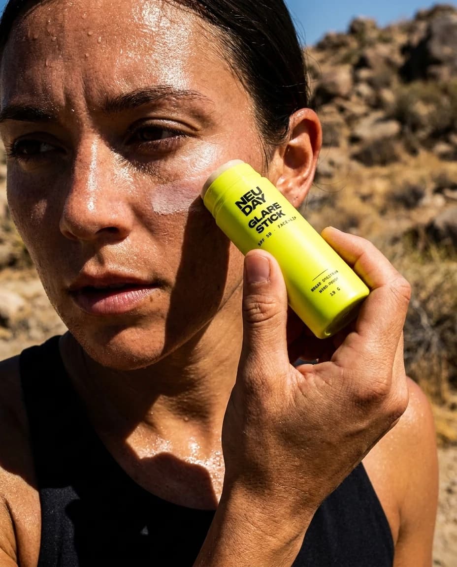 Trail runner Mara Velasco applying the NEUDAY Glare Stick to a sweat-beaded cheekbone in desert sun