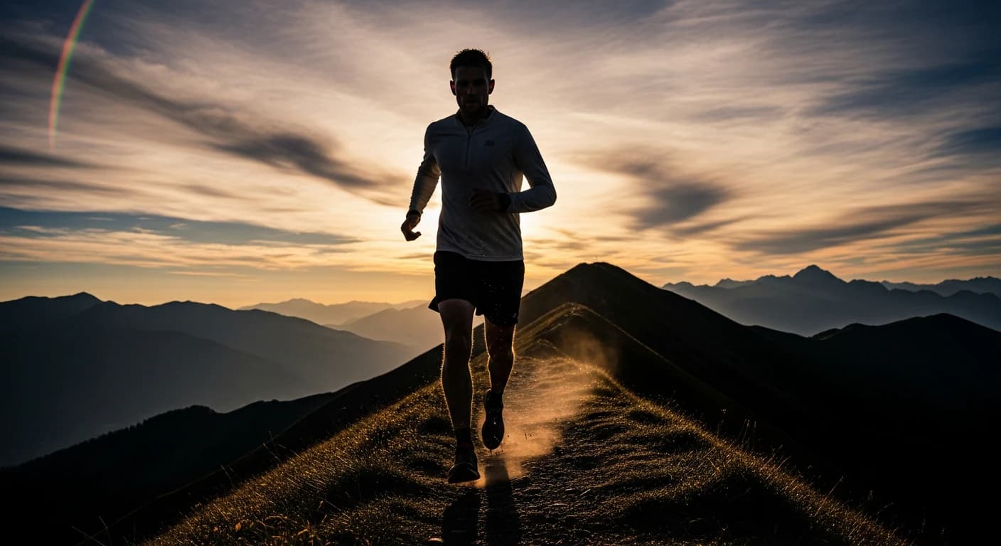 A trail runner cresting a mountain ridge at first light
