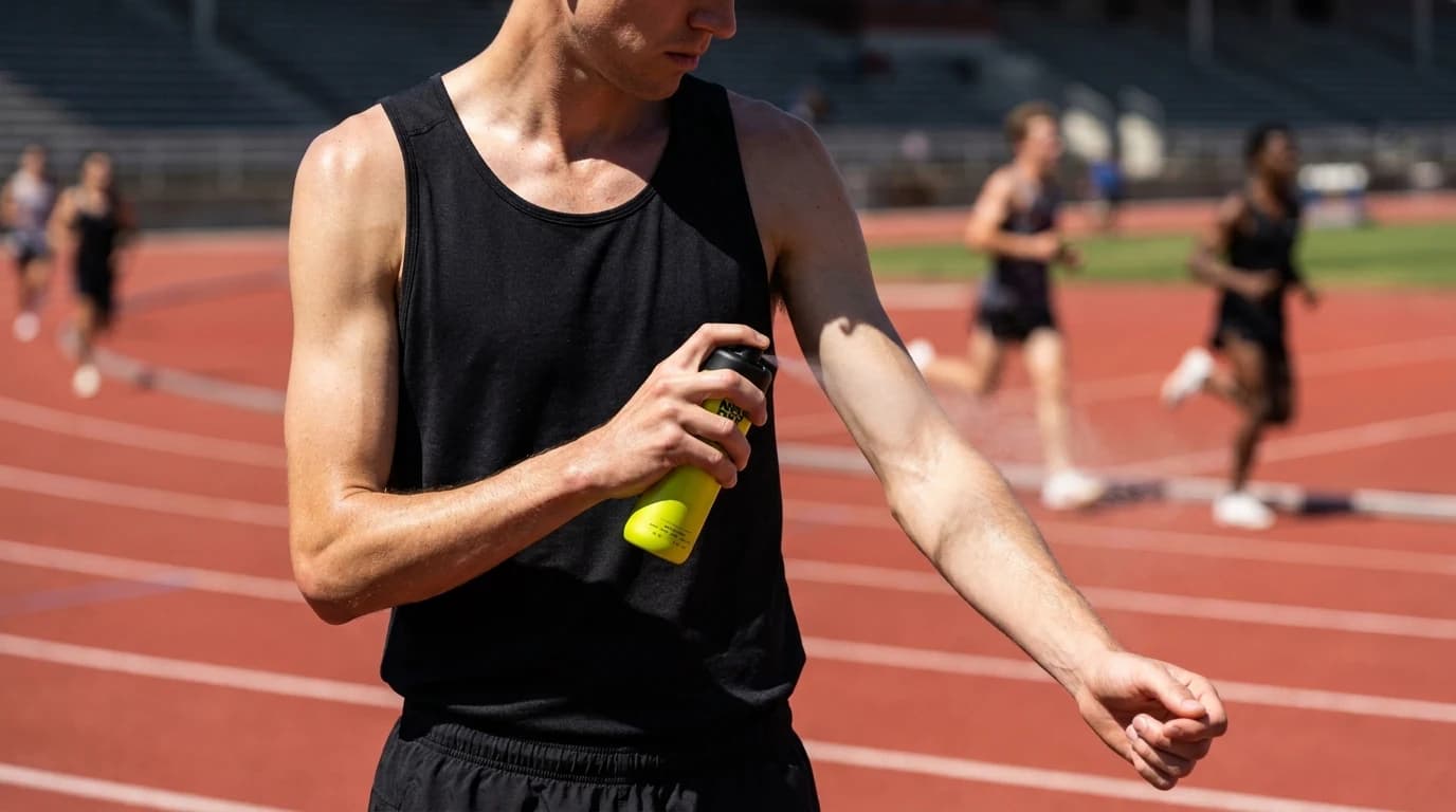 A runner spraying NEUDAY Solar Spray onto a forearm mid-session on a sunlit track